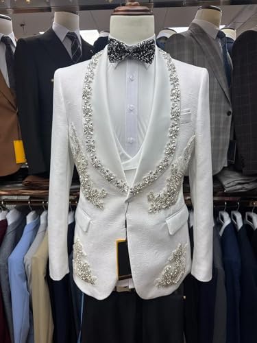 Men's Suit 3 Piece Set Handmade Luxury Jacquard Jacket Vest Pants with Crystal Bead Rhinestone for Wedding Formal Dinner2