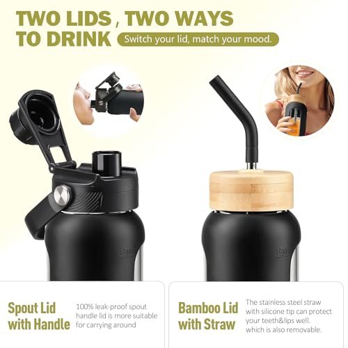 Image of 24 oz Glass Water Bottle with Straw - 2 Lids (Bamboo & Spout Lid), Motivational Borosilicate Glass Daily Water Intake Bottle with Time Marker, Silicone Sleeve for Gym Home Office-Black