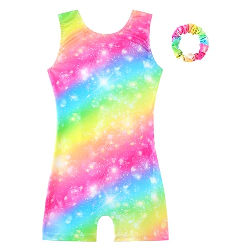 HOZIY Gymnastics Leotards for Girls with Shorts Biketards Dance Tumbling Outfits Matching Scrunchies 1-12 Years Old 1-2T B Rainbow