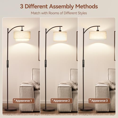Image of SUNMORY Arc Floor Lamps for Living Room with 12W Remote and Dimmable Bulb | Modern Floor Lamps with Adjustable Double Fabric Shades Shades, LED Lamp, Boho Standing Lamp for Bedroom, Corner, Home Decor