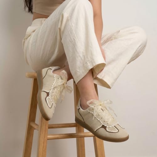 Image of CUSHIONAIRE Belinda Women's Lace Detail Casual Sneakers - Elegant Ribbon Lace-Up Shoes with Memory Foam