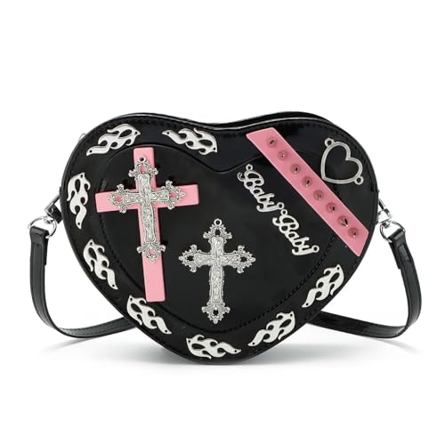 SUKUTU Women Gothic Punk Crossbody Bag Cute Heart Shaped Studded Shoulder Bag Purse