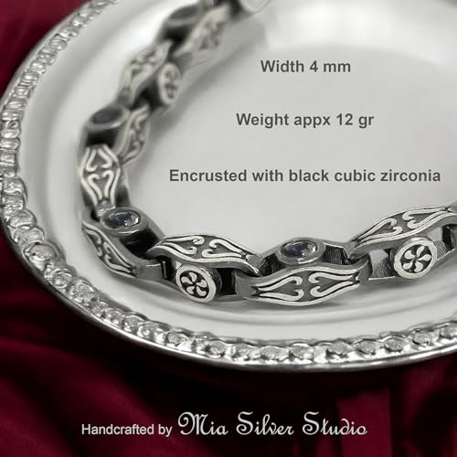 925 Sterling Silver Evil Eye Bracelets for Men - Unique Vintage Style Design Hand Chain Bracelet with Black Stones Cubic Zirconia - Wide 5 mm - Protective Jewelry - Handmade3