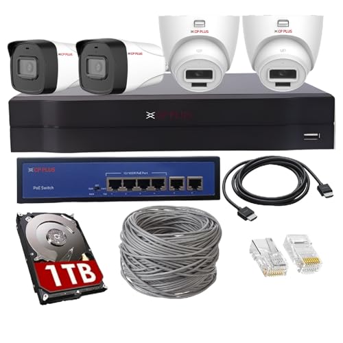 Image of CP Plus 4 Channel Full HD NVR with 2X 2 MP Outdoor and 2X Indoor Built-in Audio Mic Wired IP CCTV Cameras, Motion Detection, 4 Port PoE, 1TB HDD, 100 Meter CAT6 Cable, RJ45 Connector - White