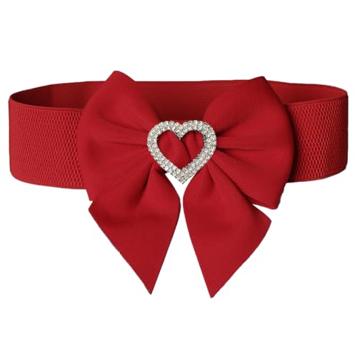 Women's Elastic Bow Belt with Heart-Shaped Rhinestone Stretch Ladies Belts for Dress