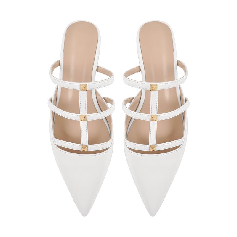 Richealnana Women's Pointed Toe Pull On Kitten Heel Pumps Shoes Slip On T-strap Studded Flat Sandals4