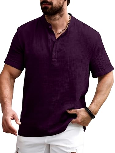 Image of Men Shirt | Black Textured Cotton Blend | Regular Fit Casual Shirt | Half Short Sleeve | Mandarin Chinese Collar | Button Down | Summer Office Wear | Stylish Shirt for Men