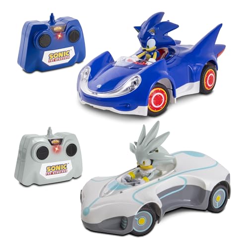 Image of NKOK 1/28 Scale 2.4GHz RC Sonic 2PK RC Sonic & Silver; Officially Licensed; Full Function Radio Control; Detailed 6.5” Vehicle and Character; Grippy Tires; Adjustable Front Wheels