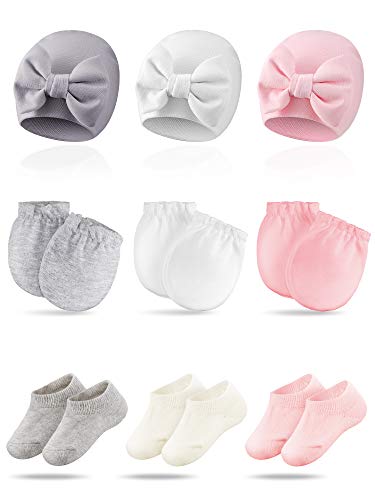 Baby Hats Mittens Socks Set Include 3 Pieces Cute Toddler Hats Bow Beanies Caps 6 Pieces No Scratch Baby Mittens and 6 Pieces Non-Slip Baby Ankle Socks for Boys and Girls