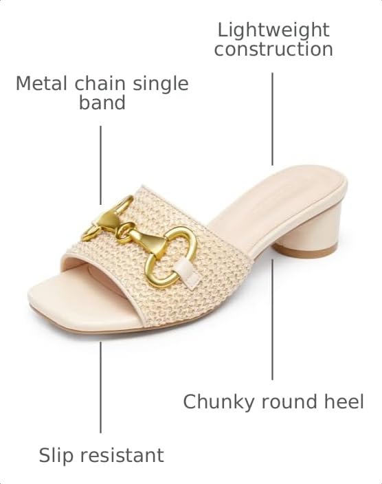 Image of Coutgo Womens Heeled Slides Sandals Square Open Toe Slip on Comfortable Kitten Block Low Heel Metal Chain Dressy Shoes