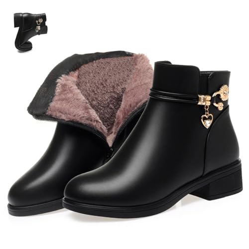 Women's Leather Wool Orthopedic Boots, Women's Waterproof Orthopedic Warm Boots, Winter Warm Fleece Wedge Snow Boots(Black Thick Lined,6 UK)