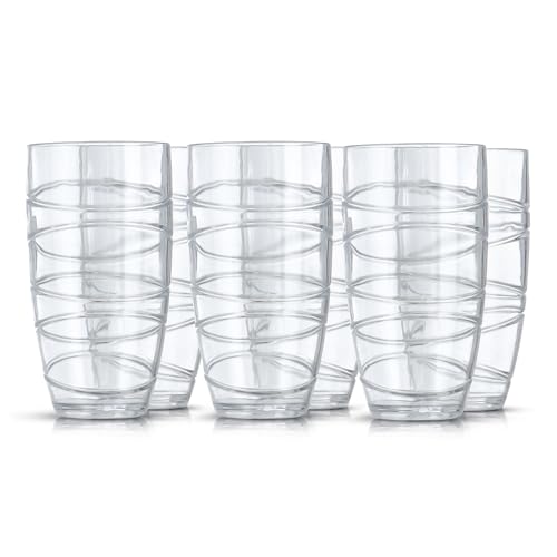 LIVIVO Set of 6 Hi Ball Plastic Acrylic Drink Tumblers with Swirl Design - Stackable Glasses for Picnics, BBQ’s, Poolside, Camping, Children’s Parties or Just Everyday Use (Set of 6, Transparent)
