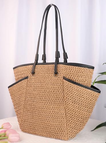 Epsion Summer Beach Tote Bag for Women Large Straw Shoulder Bag Womens Handbag Purse with Zipper - Thumbnail 2