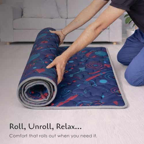 Image of Premium PU Foam Rolling Foldable Mattress for Floor | Folding /Lightweight /Travel /Yoga /Outdoor /Camping /Portable Mat, Single Size Soft Slim Gadda Roll-Up Guest Bed | 2 Inch, Blue, 75x36 inches