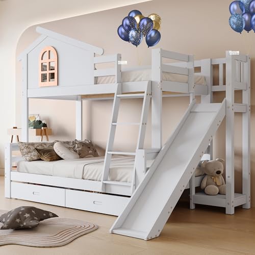 Dolamaní Bunk Bed 90 x 200 cm with Slide, House Bed Bunk Bed with Windows and Stairs, Children's Bed with Two Drawers, Solid Wood Bed Frame, White (90 x 200 cm & 120 x 200 cm, Drawer + Slide) Dolamaní Bunk Bed 90 x 200 cm with Slide, House Bed Bunk Bed with Windows and Stairs, Children's Bed with Two Drawers, Solid Wood Bed Frame, White (90 x 200 cm & 120 x 200 cm, Drawer + Slide)