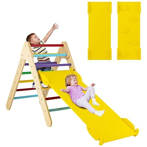 COSTWAY Toddler Wooden Climbing Frame with Ramp Cover