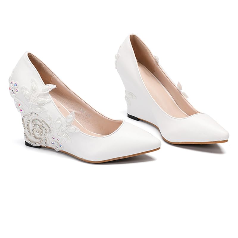 Minishion Womens Dress Wedge Shoes for Wedding Bridal Pumps with Lace Flower3