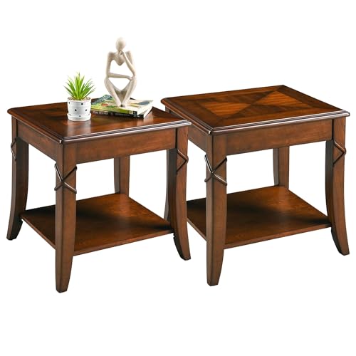 LEEMTORIG Set of 2 Cherry Wood End Tables Side Tables for Living Room, Solid Wood End Table Square Accent Tables, Mid Century Queen Anne Bedside Table, 19.7