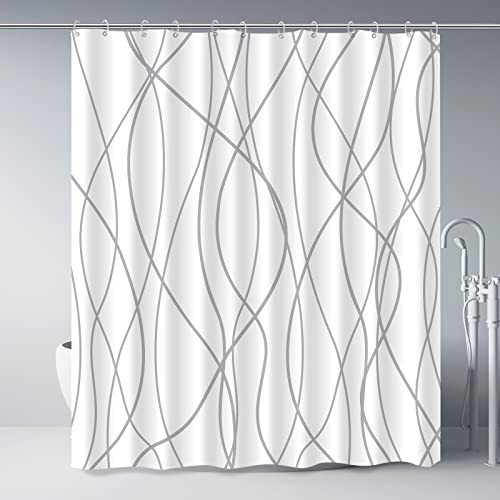 Punkray Grey and White Striped Polyester Shower Curtain for Bathroom with Hooks, Curtains 72 Inches Long, Weighted Hem, Waterproof Bath Accessories Hotel Style – Machine Washable