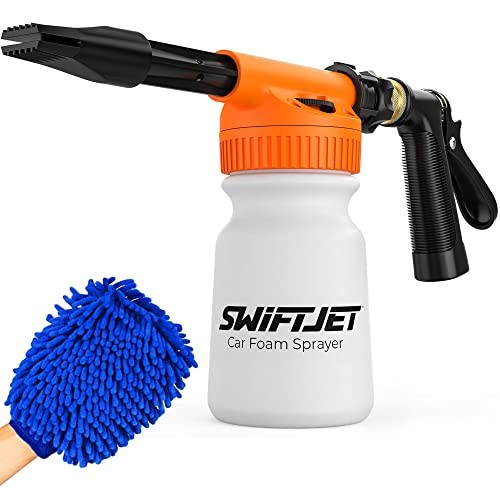 SwiftJet Car Wash Foam Gun + Microfiber Wash Mitt – Car Foam Sprayer – Car Wash Kit – Foam Cannon Garden Hose Sprayer – – Car Accessories for Men – Snow Foam Blaster (Orange Foam Gun with Mitt)