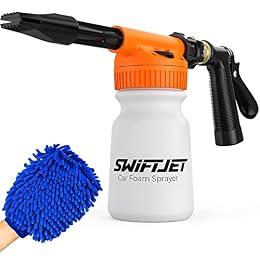 SwiftJet Car Wash Foam Gun + Microfiber Wash Mitt - Foam Cannon Works with Any Soap - Garden Hose Car Foam Sprayer - Car Wash Kit - Car Accessories Foam Blaster (Orange Foam Gun with Mitt)