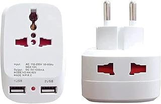 محول شامل متعدد المقابس للسفر ثنائي السنون مع واقي من تدفق التيار ومؤشر - مقبس طاقة بمنفذين + منفذي شحن USB