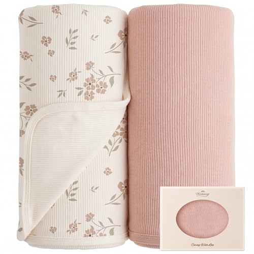 Image of Konssy Ribbed Knit Baby Blankets 2 Pack, Stretchy Lightweight Swaddle Blanket for Boys & Girls, Soft Cozy Receiving Wrap for Newborns, Infants, & Toddlers, 33x42 Inch