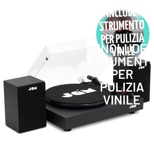 JAM Giradischi con Altoparlanti - Giradischi Bluetooth con Altoparlanti da Libreria, 3 Velocità con Coperchio Antipolvere, Braccio Pre-Calibrato, Pulitore di Vinile Incluso, Nero