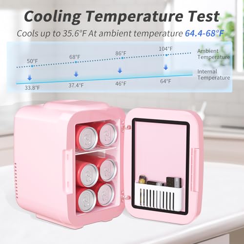 Image of YASHE Skincare Fridge Mini Fridge for Bedroom with Dimmable LED Mirror, 4Liter /6 Cans Cooler and Warmer for Makeup, Cosmetic, Beauty, Portable Refrigerator for Bedroom, Vanity, Office and Car- Pink