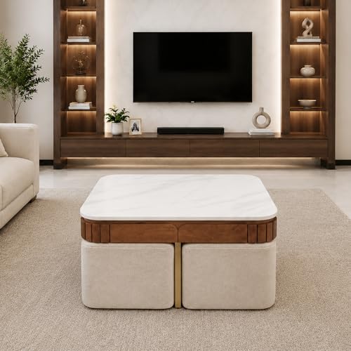 Image of The Attic Carlston Coffee Table for Living Room, Solid Wood Centre Table with Ceramic Top, Tobacco Brown Finish