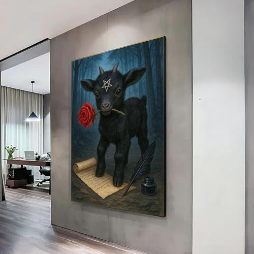 Pentagramme chèvre noire tableau toile gothique rose 70x100cm