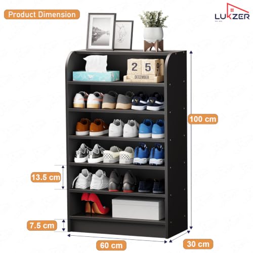 Image of Lukzer 6-Tier Engineered Wood Shoe Rack for Home (SR-005 /Black) Footwear Storage Organizer with Rounded Corner Design, Space-Saving Shoe Stand for Office, Entryway & Living Room (100 x 60 x 30 cm)