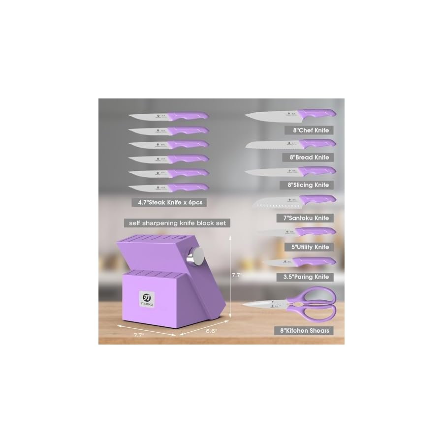 imarku 14-Piece Knife Set with Block, High Carbon Stainless Steel Kitchen Knives with Built-in Sharpener, Ergonomic Non-Slip Handle, Perfect for Home Cooks & Chefs, Purple
