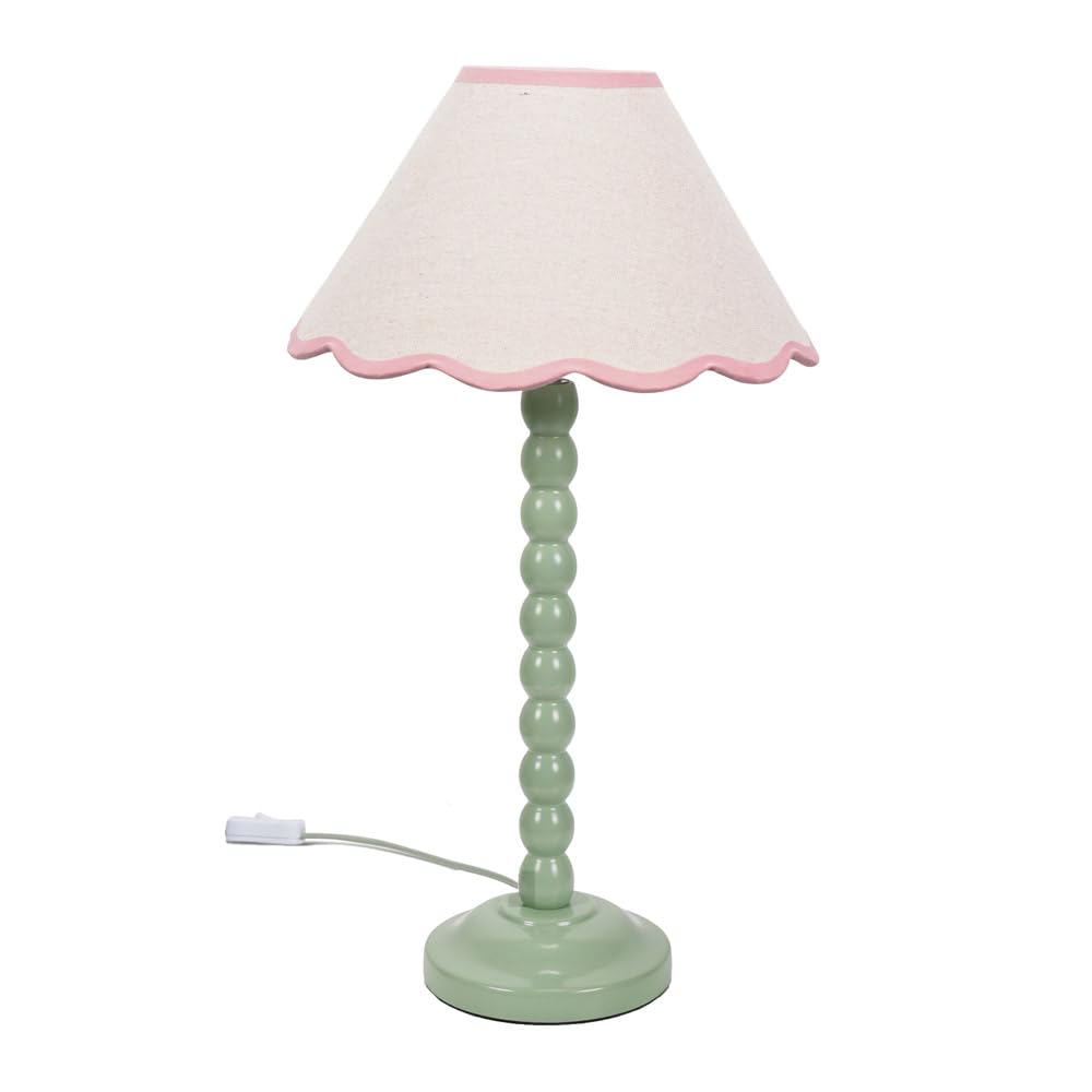 ValueLights | Sage Green Bobbin Stem Table Lamp with Pink Trim Scallop Shade | Home Décor, Bedside & Desk Lamp