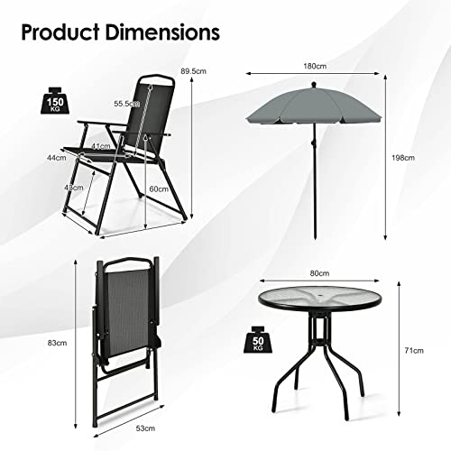 GIANTEX Ensemble de salle à manger de patio, ensemble de meubles de patio avec parasol, table à café avec plateau en verre trempé et 4 chaises pliantes pour l'extérieur, terrasse, cour, porche – Image 3