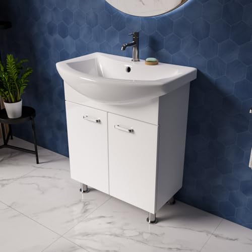 ECOLAM Badmöbel Set Waschbecken mit Unterschrank 65 cm Omega Waschtisch Keramik stehender Schrank 2 Türen weiß Möbel für Badezimmer + Click Clack + Flaschensiphon