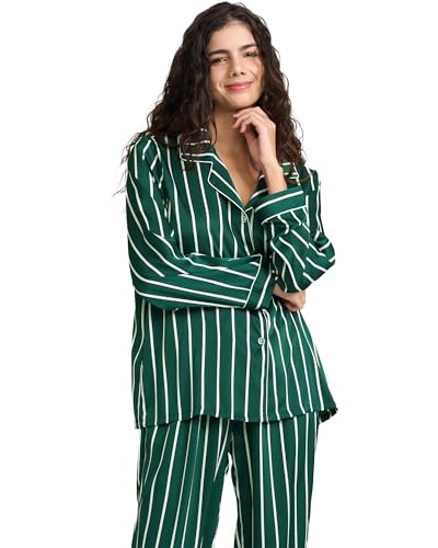 Image of YiNi LuLu Womens Silk Satin Pajamas Set Button Down 2 Piece Pjs Long Sleeve Oversized Sleepwear with Pockets