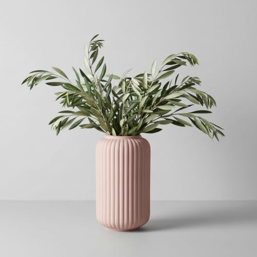 Image of PUREZENTO Pink Ribbed Texture Ceramic Vase - 6 Inch | Vases for Centerpiece Home Decor, Living Room & Bedroom | Vase for Pampas Grass, Dried & Artificial Flowers
