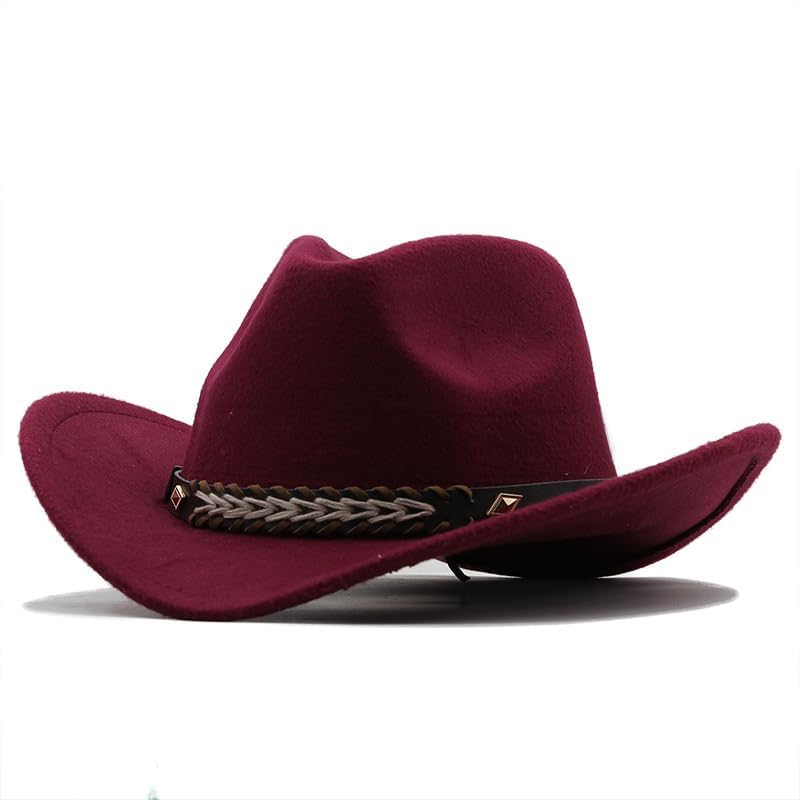 Western Cowboy & Cowgirl Hat wide straps- Felt Wide Brim for Women and Men (UAE/KSA Alpha One Size Wine red)