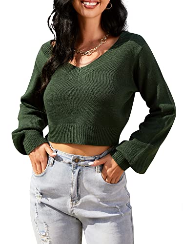 Image of ZAFUL Women's Cropped Sweater V-Neck Long Sleeve Pullover Jumper Knit Top