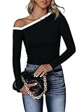 BONITEE Women Off The Shoulder Long Sleeve Top Date Night Boat Neck Going Out Casual Fashion Slim Fit Blouse Clothes Black XL