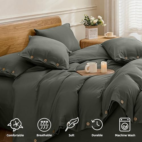 Image of JELLYMONI Cotton Duvet Cover Twin XL Size - Gray Comforter Cover with Button 100% Washed Cotton 2PCS Breathable Soft Solid Bedding Set Duvet Cover 66x92in & 1 Pillowcase (NO Comforter)
