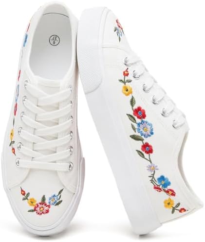 yageyan Womens White Embroidery Canvas Sneakers Low Top Tennis Shoes Womens Causal Sneakers (White Blue Embroidery06)