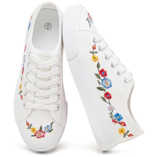 yageyan Womens White Embroidery Canvas Sneakers Low Top Tennis Shoes Womens Causal Sneakers (White Blue Embroidery07)