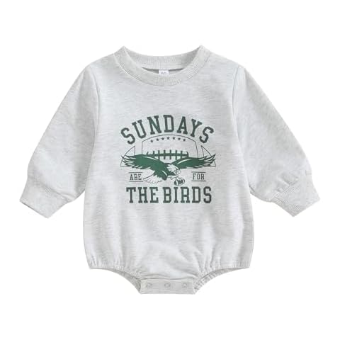 Karuedoo Baby Boy Girl Game Day Football Outfit Sundays Are for the Birds Sweatshirt Romper Oversized Bubble Romper Bodysuit (A-Light Gray, 6-12 Months) Cover
