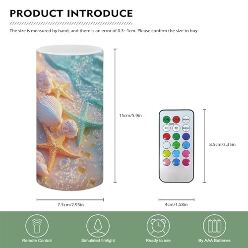 Image of Poceacles Sea Shell Starfish Beach Theme Flameless Candle Battery Powered with Remote Control 12 Colors 4 /8 Hours Timer LED Night Lights Pillar Candle Tealights Home Indoor Decor