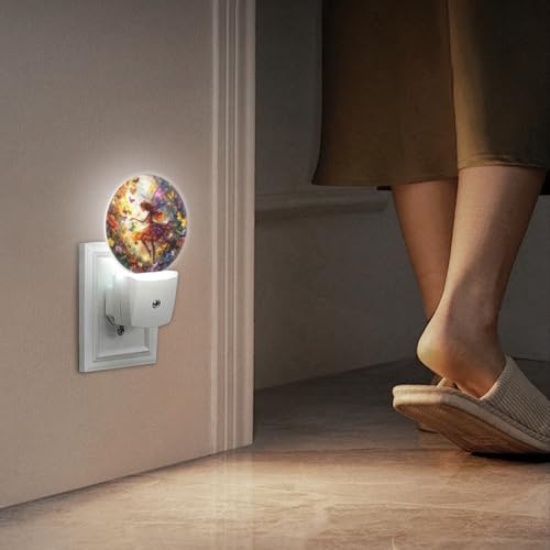 Image of Round LED Night Lights Lamp with Dusk to Dawn Sensor, Beautiful Fairy with Colorful Wings Flying Night Light Plug Into Wall for Kids Room, Bedroom, Bathroom, Kitchen, Hallway