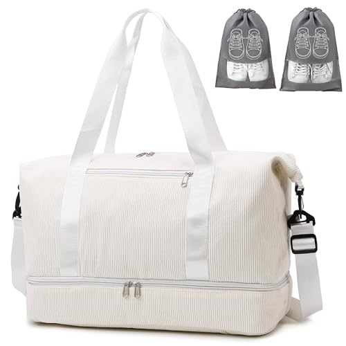 IBALULU Sporttasche Reisetasche Damen, 35L Weekender Travel Duffle Bag mit 2 schuhbeuteln, Schuhfach & Nassfach, Cord Strandtasche Trainingstasche Handgepäck Tasche für Gym, Reisen, Urlaub