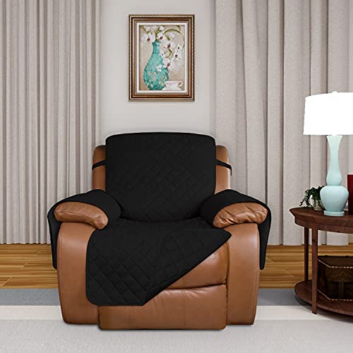 Image of PureFit Reversible Quilted Oversized Recliner Sofa Cover, Water Resistant Furniture Protector, Washable Couch Cover with Elastic Straps for Kids, Pets (Large, Black /Black)