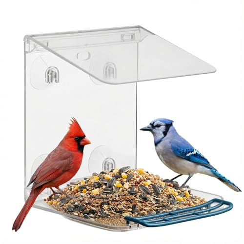 Window Bird Feeder for Outdoors with Strong Suction Cups,Sturdy and Durable Acrylic Birdfeeders for Viewing Wild Birds Outside,Mount On Window/Wall/Bird Pole Kit